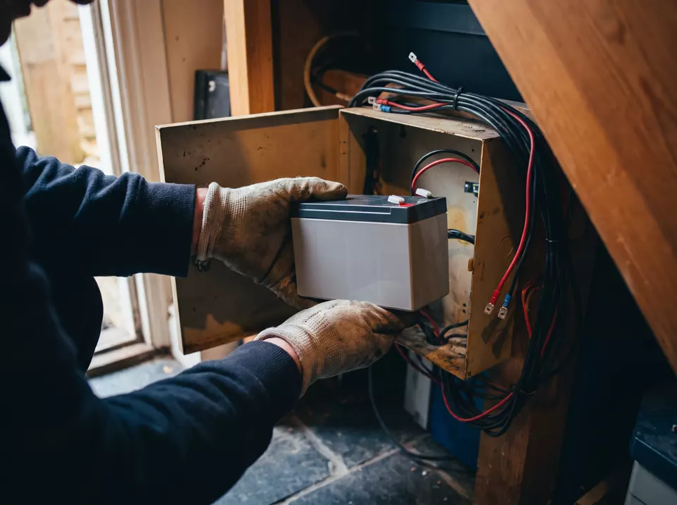 Fitting a new backup battery into an alarm control panel