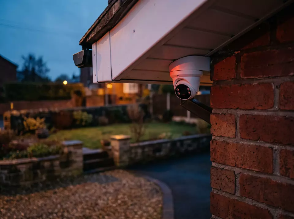 A white turret security camera on the corner of a red-brick house at dusk