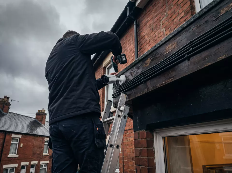 A security engineer on a ladder mounting a camera on a house fascia