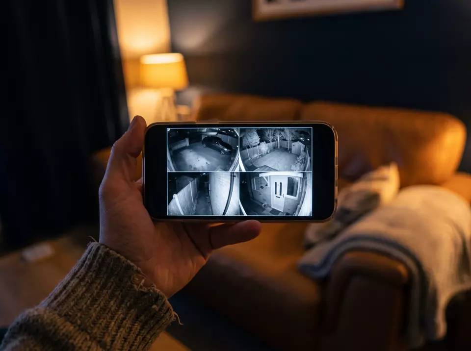 A phone showing four live security camera views