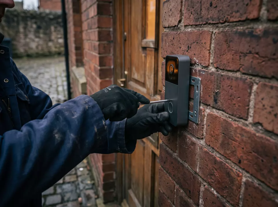 An installer fixing a smart video doorbell to a brick wall beside a front door
