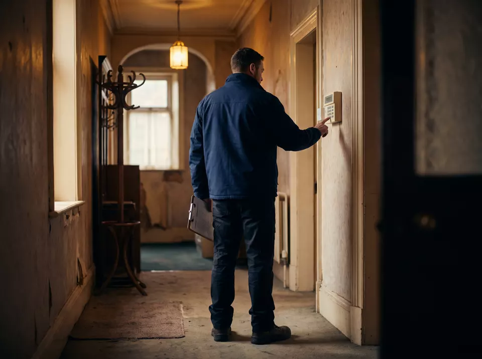 An alarm engineer testing a keypad in a hallway