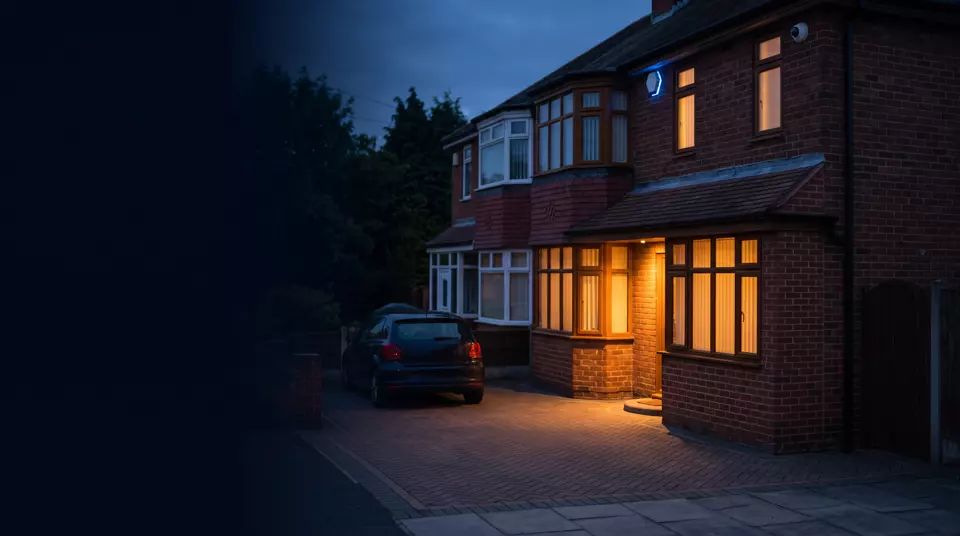 A red-brick semi-detached house at dusk with the lights on, a burglar alarm bell box and a security camera on the front wall