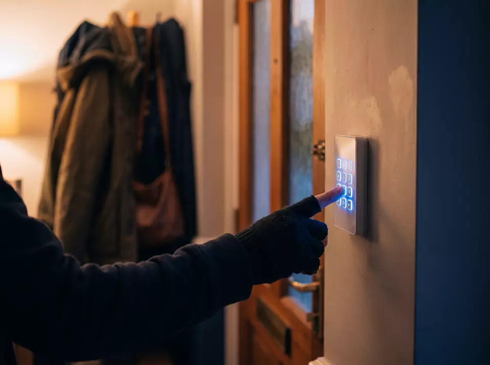 A hand pressing the lit buttons on a modern alarm keypad beside a front door