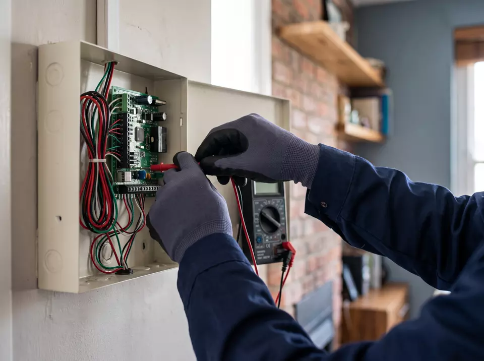 An engineer testing the circuit board inside an open alarm control panel with a multimeter
