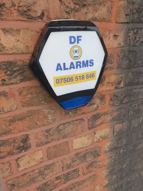 A new DF Alarms bell box fitted on a brick wall