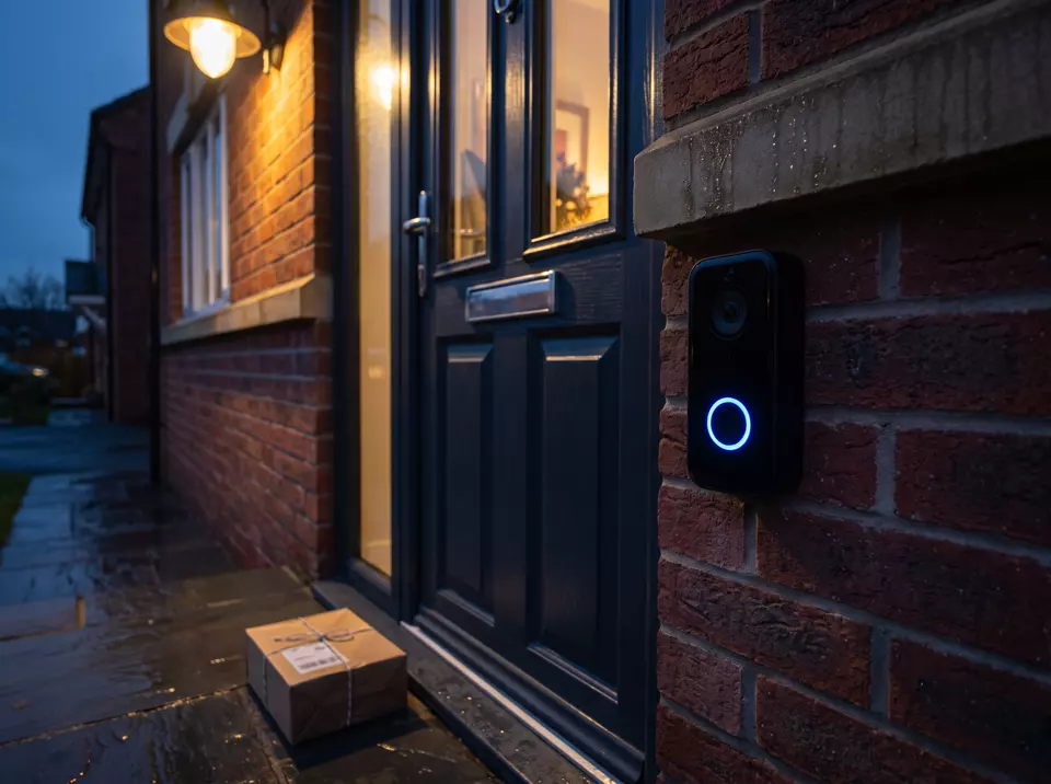 A smart video doorbell beside a front door on a red-brick house in the evening